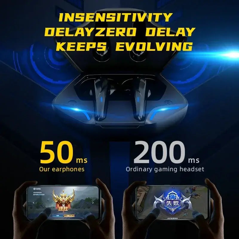 Gaming headset with smartphone comparison illustrating latency difference, displayed on a dark background
