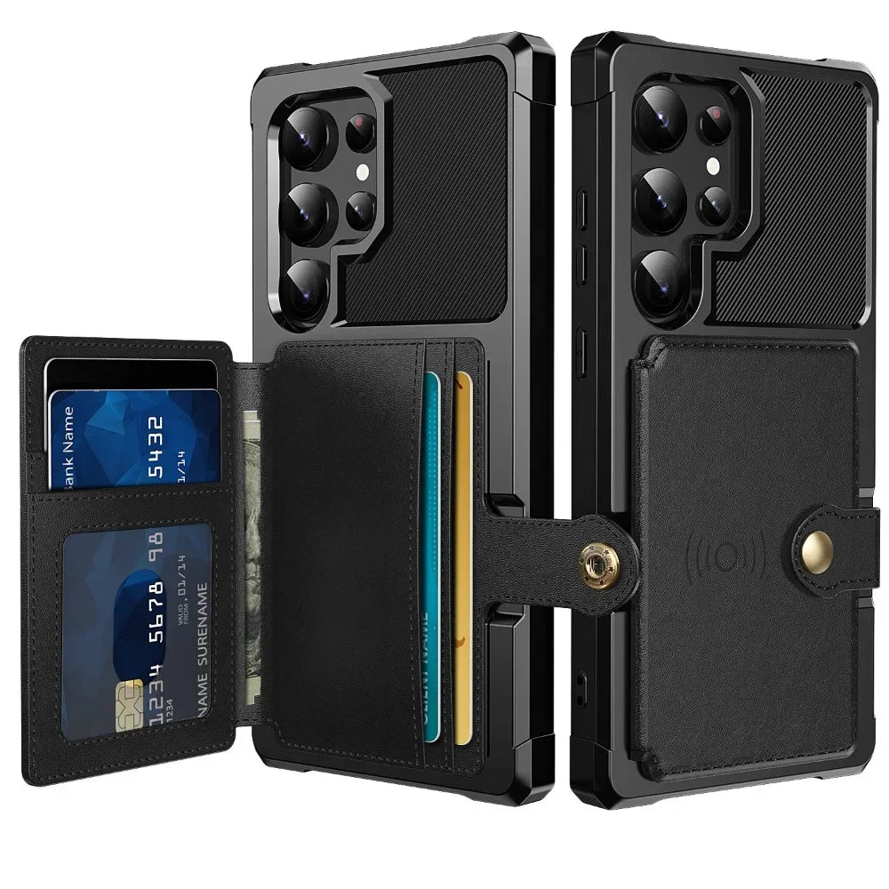 Black phone case with card slots and wallet functions on a white background