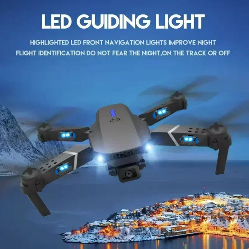 Drone with LED guiding lights against a mountain and cityscape background