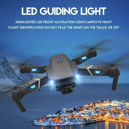 Drone with LED guiding lights against a mountain and cityscape background