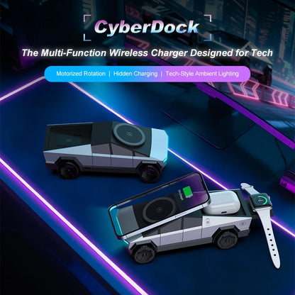CyberDock multi-function wireless charger with tech-style design on a dark background