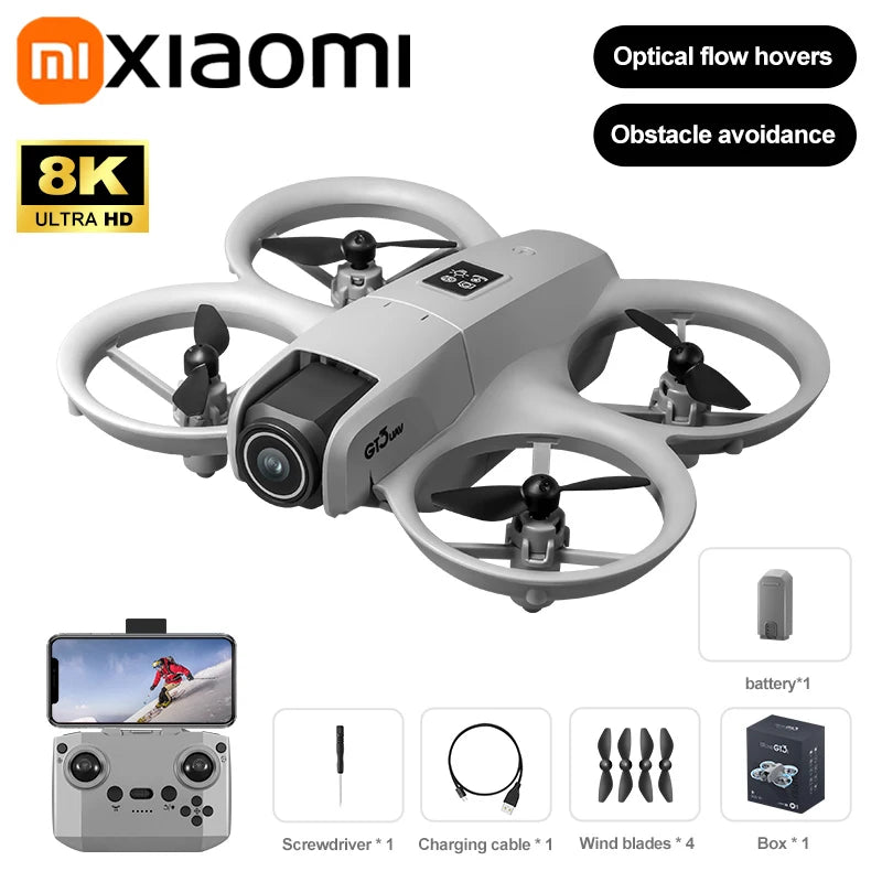 Xiaomi drone with features like 8K ultra HD camera, optical flow hovering, and obstacle avoidance on a white background.