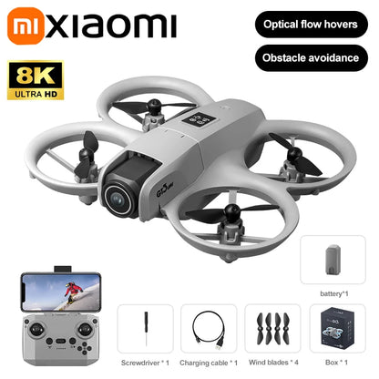 Xiaomi drone with features like 8K ultra HD camera, optical flow hovering, and obstacle avoidance on a white background.