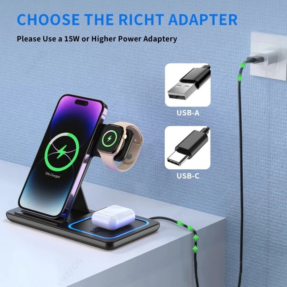 3 in 1 wireless charging station for iPhone Apple Watch and AirPods showing USB-A and USB-C adapter options with 15W or higher requirement.