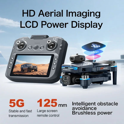 Control panel and drone with HD aerial imaging and LCD power display features on a blue background.