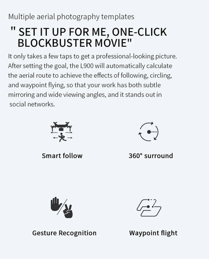 Aerial photography template with features like smart follow, 360-degree surround, gesture recognition, and waypoint flight.