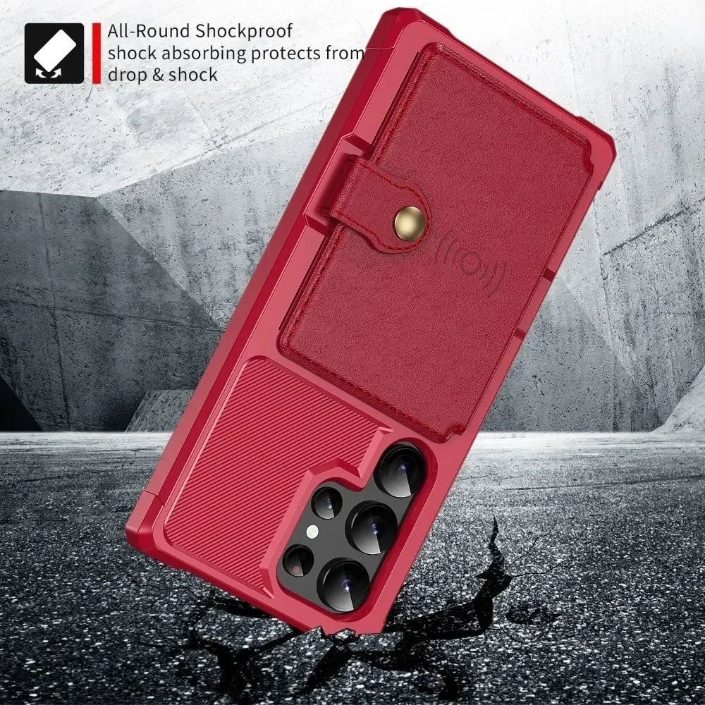 Red shockproof phone case with text on a gray background