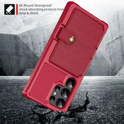 Red shockproof phone case with text on a gray background