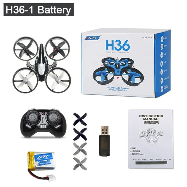 H36-1 battery drone set with box, remote control, USB cable, and instruction manual on a white background.