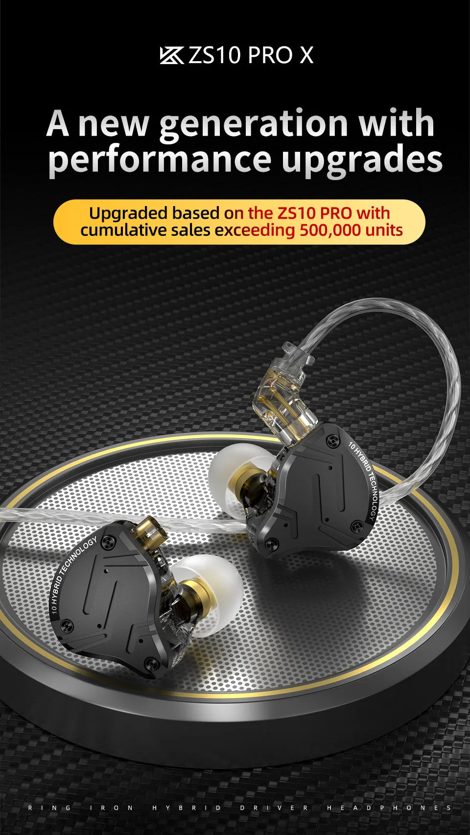 In-ear monitor headphones with ZS10 PRO X branding on a dark background
