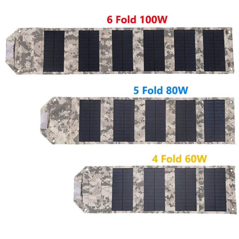 Three camouflage-patterned solar panels with different foldable sections and wattage labels on a white background.