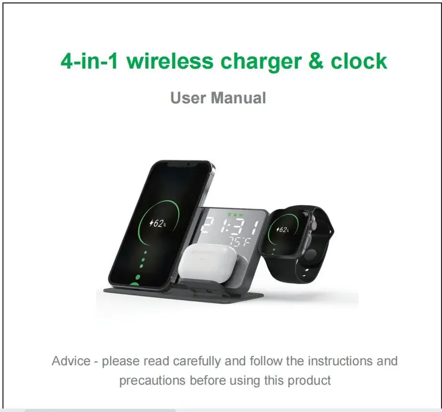 4-in-1 wireless charger & clock with user manual on a white background