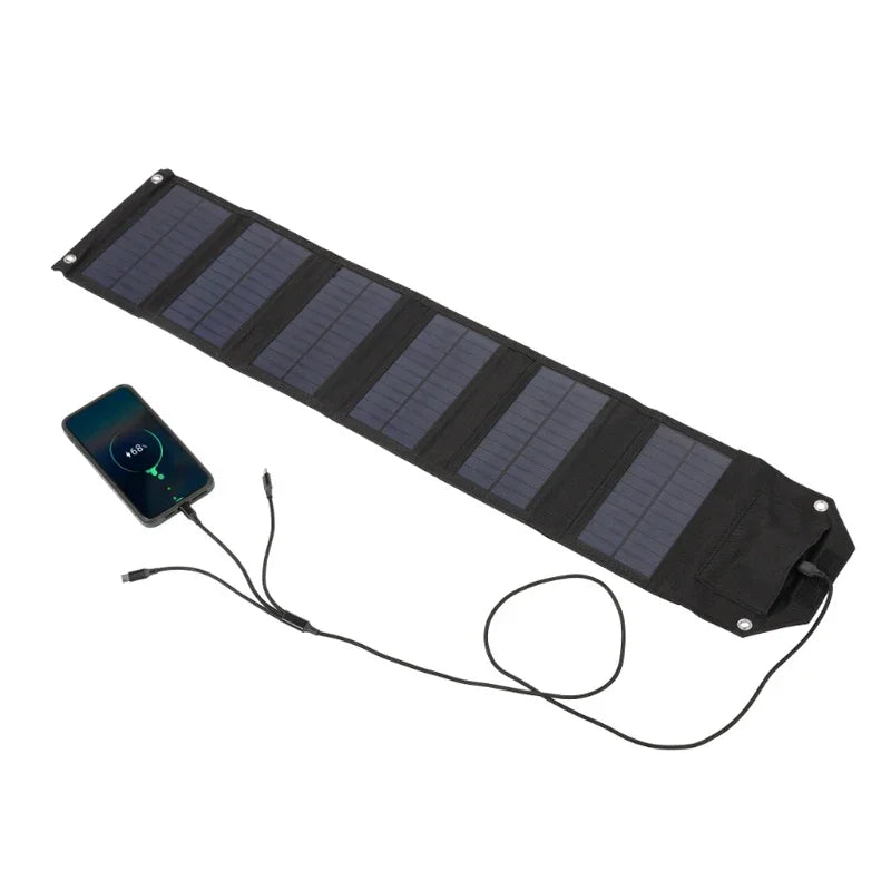Foldable solar panel with device on a white background