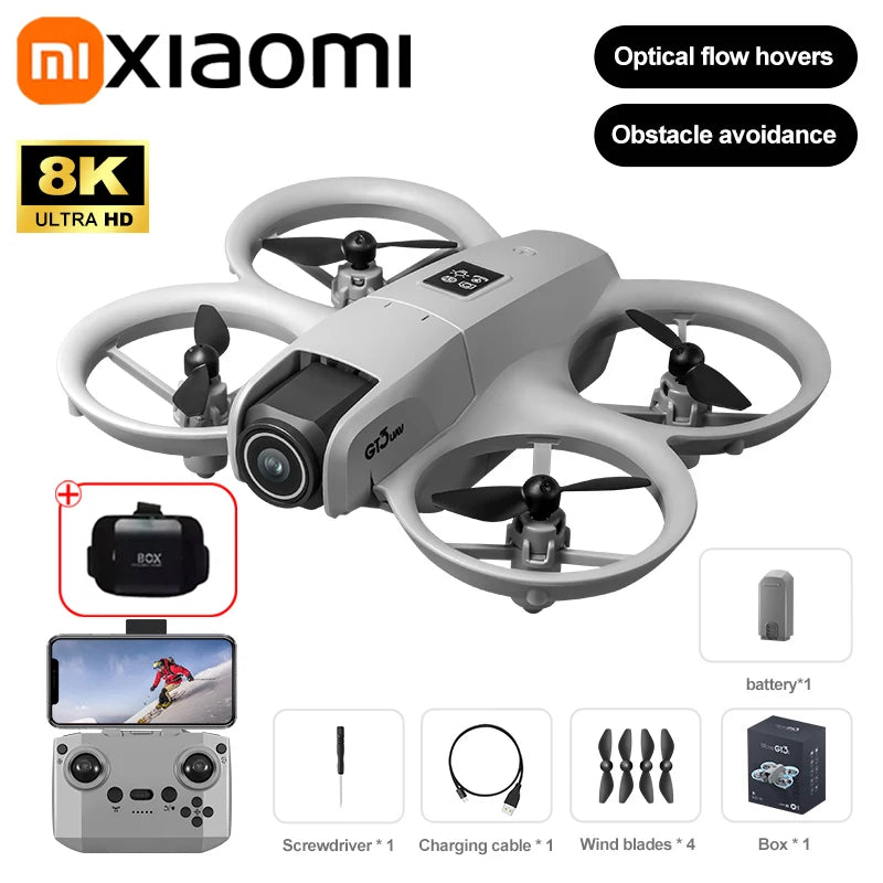 Xiaomi drone with 8K ultra HD camera and obstacle avoidance features on a white background.