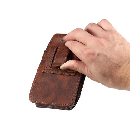 Brown leather phone case with a hand interacting on a white background
