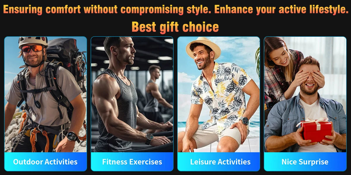 Promotional banner for lifestyle products with images of people engaging in outdoor, fitness, leisure, and surprise activities.