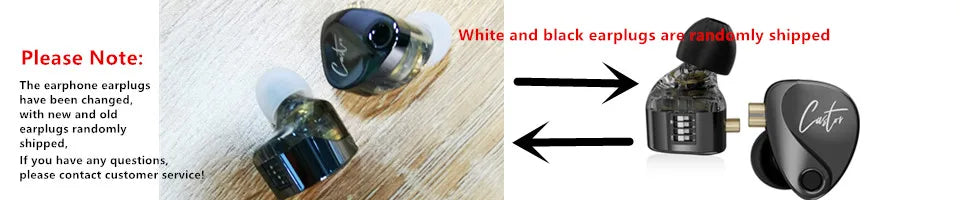 In-ear monitor earphones with a wooden stand and text indicating white and black earplugs are shipped.