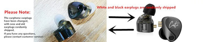 In-ear monitor earphones with a wooden stand and text indicating white and black earplugs are shipped.