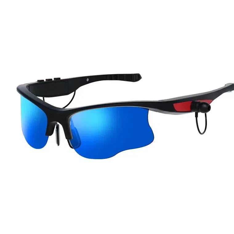 Black-framed sunglasses with blue lenses on a white background