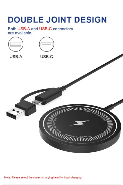 Magnetic wireless charger with double joint design featuring USB-A and USB-C connectors