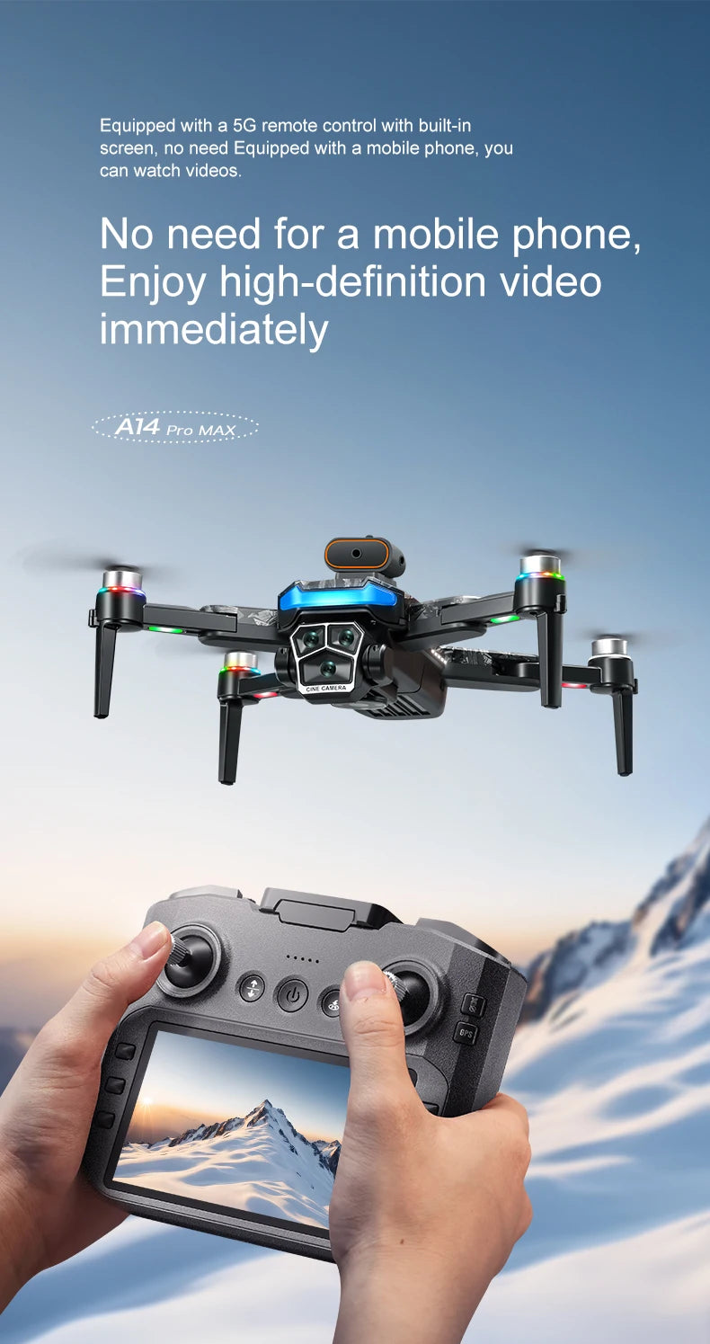 Drone flying over a snowy landscape with a person holding a remote control device.
