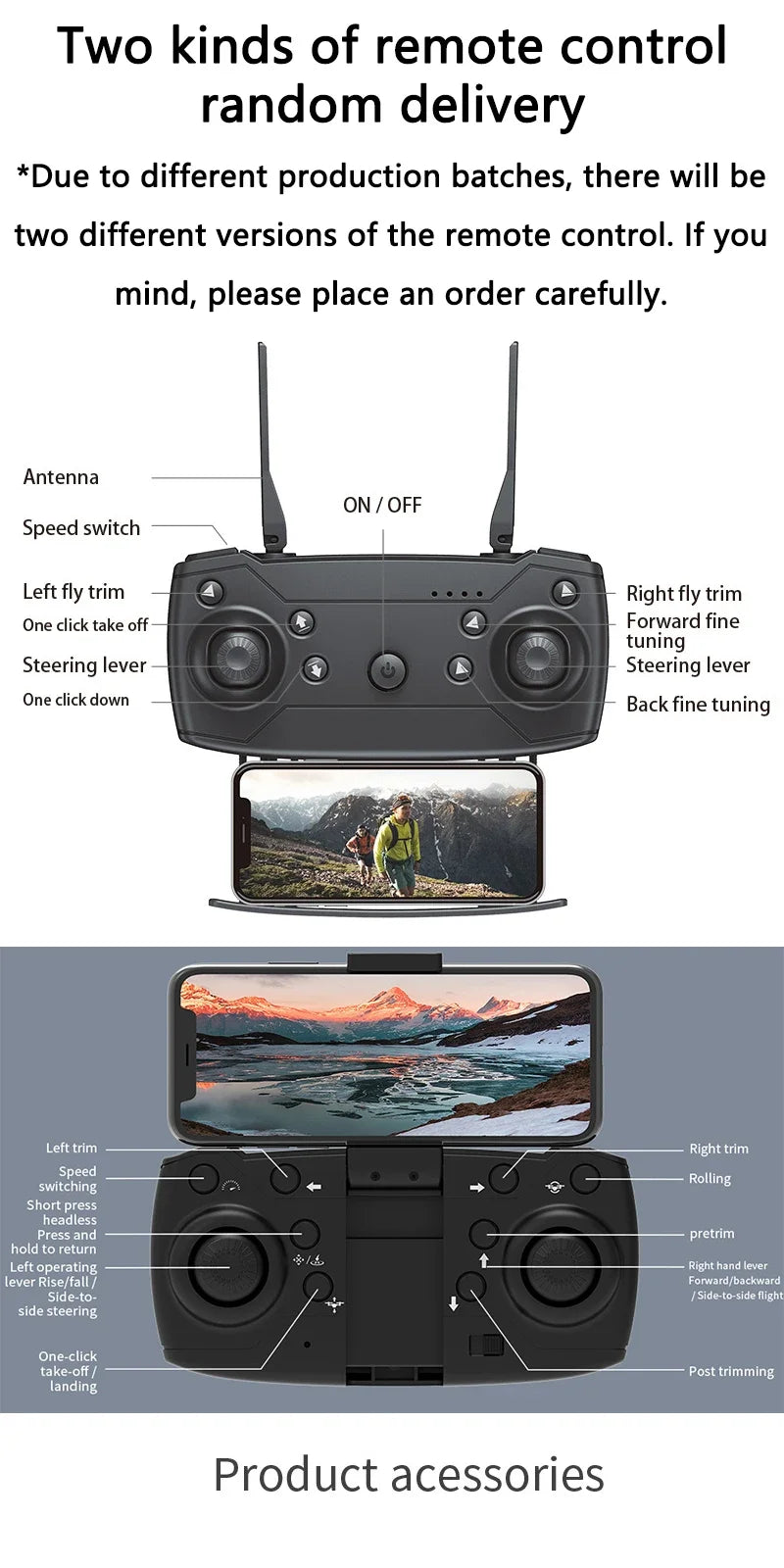 Remote control with smartphone display and detailed diagram of controls on a white background.