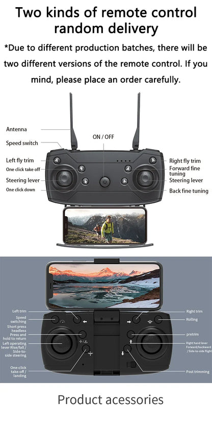 Remote control with smartphone display and detailed diagram of controls on a white background.