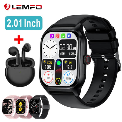 Smartwatch with black band and earbuds, featuring LEMFO branding and 2.01-inch display.