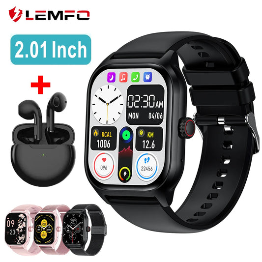 Smartwatch with black band and earbuds, featuring LEMFO branding and 2.01-inch display.