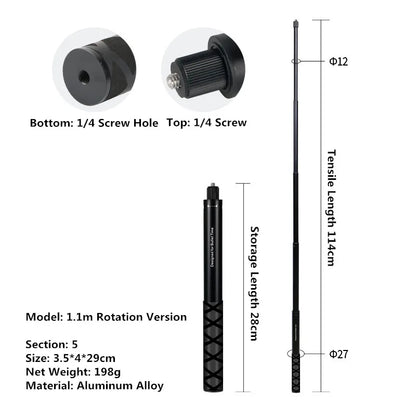 Black metal rod with measurements and specifications on a white background