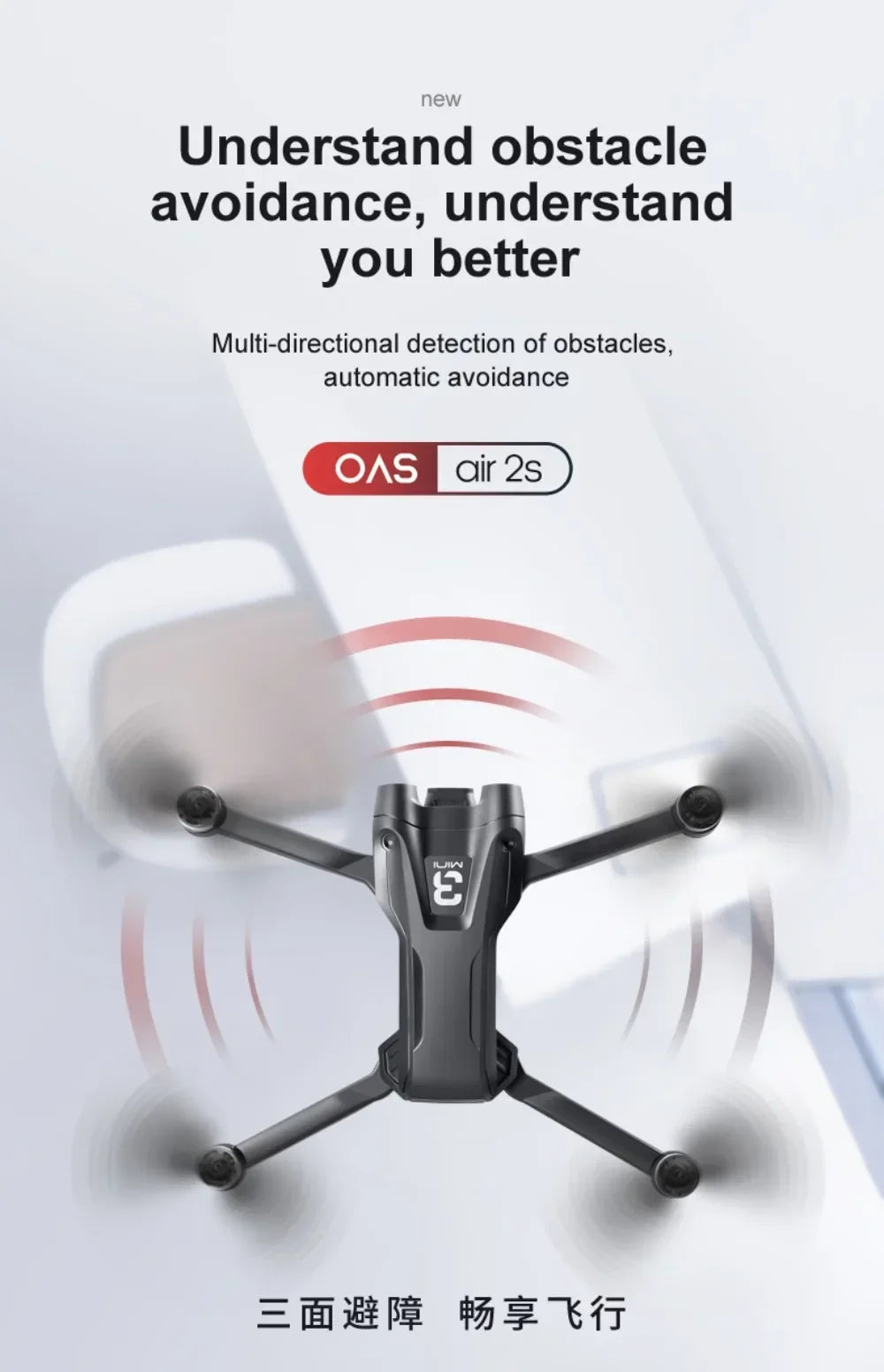 Drone with obstacle avoidance feature on a white background