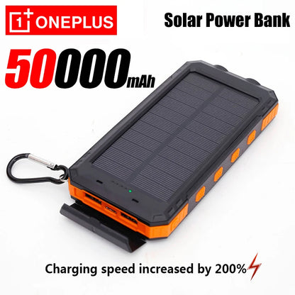 OnePlus solar power bank with 50000mAh capacity on a white background