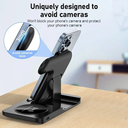 Phone stand on a table with text highlighting its design to avoid blocking cameras.