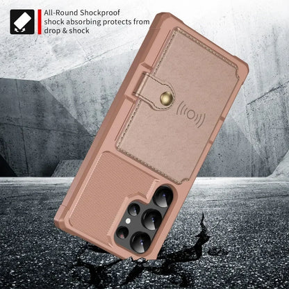 Rose gold phone case with shock absorption feature on a gray background