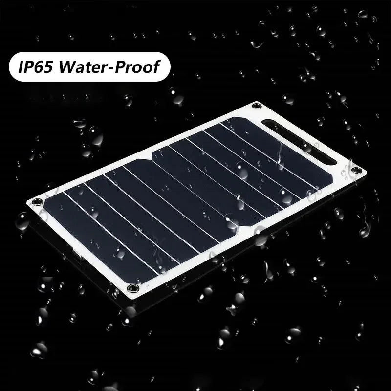 Solar panel with water droplets on a black background, labeled 'IP65 Water-Proof'.