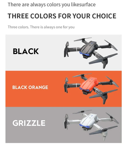 Three color options of a drone displayed with text on a white background.