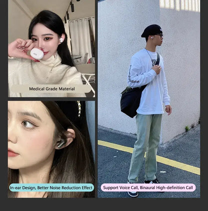 Collage of a woman using earphones, a person standing outdoors, and close-up shots of earphones with text about material and design
