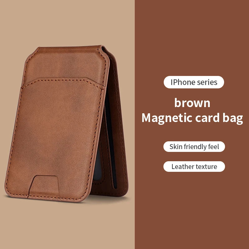 Brown magnetic card bag for iPhone series on a beige background