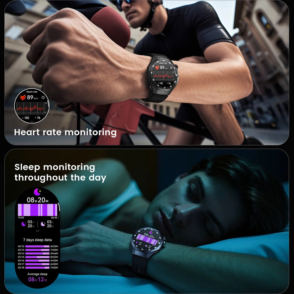 Smartwatch displaying heart rate and sleep monitoring on a person's wrist.