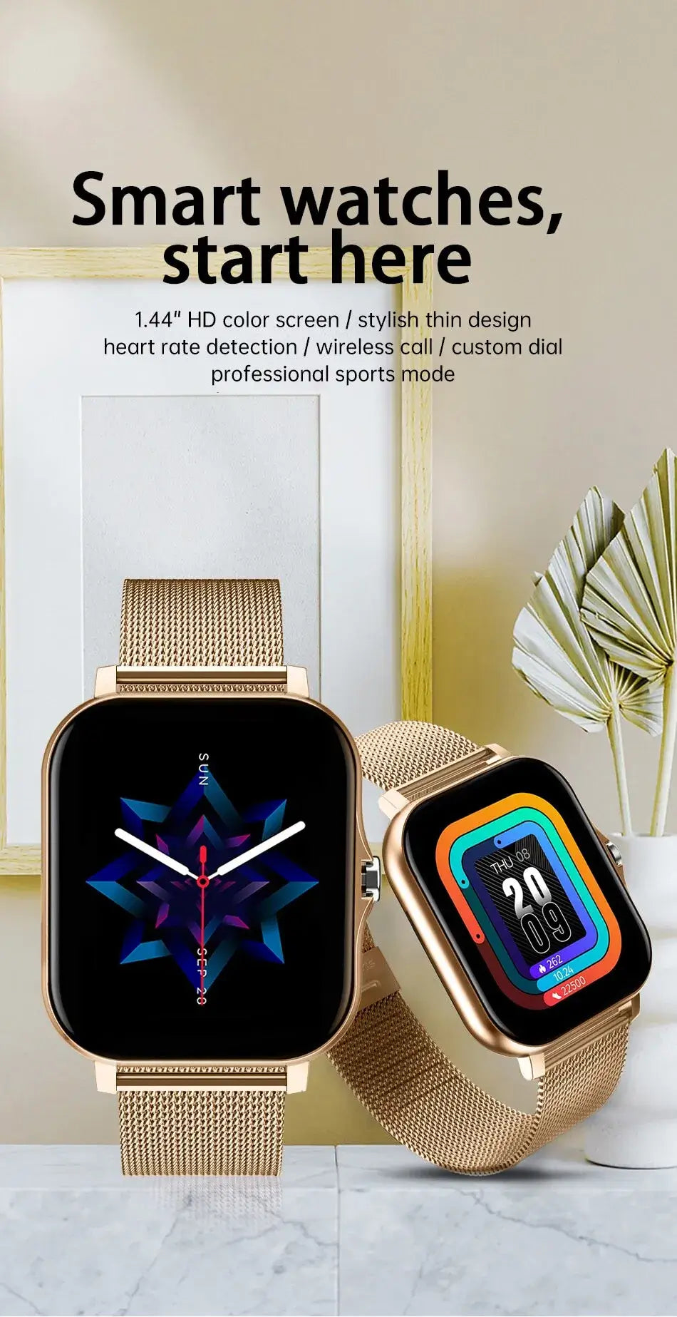 Two smartwatches placed on a marble surface with text highlighting their features

