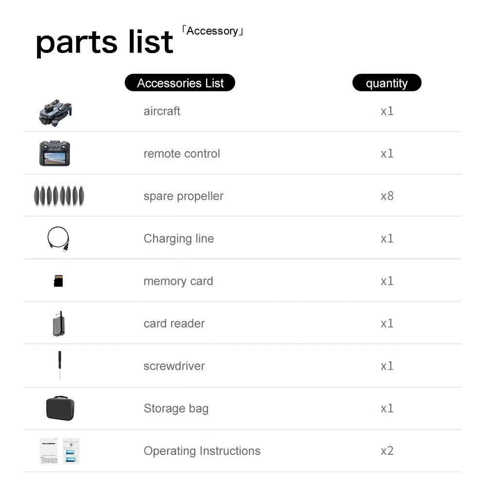 Parts list for an aircraft accessory set on a white background