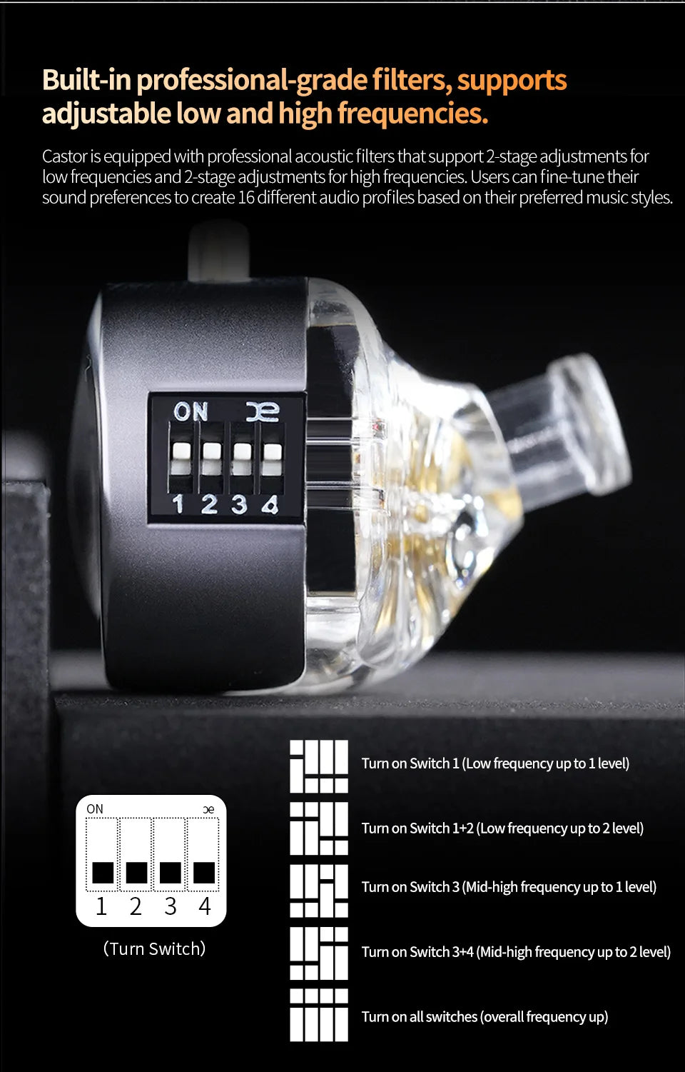 Caster with professional-grade filters and frequency adjustment on a black background