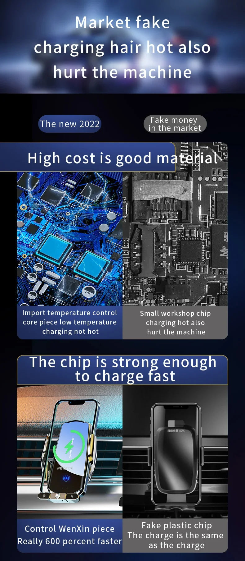 Advertisement about electronic components and charging technology with text overlay.