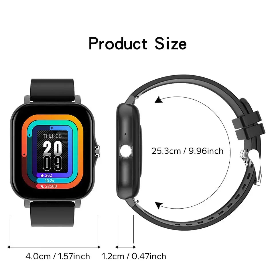 Smartwatch with band displaying product size measurements on a white background
