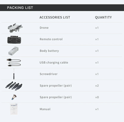 Packing list for a drone with accessories and their quantities.