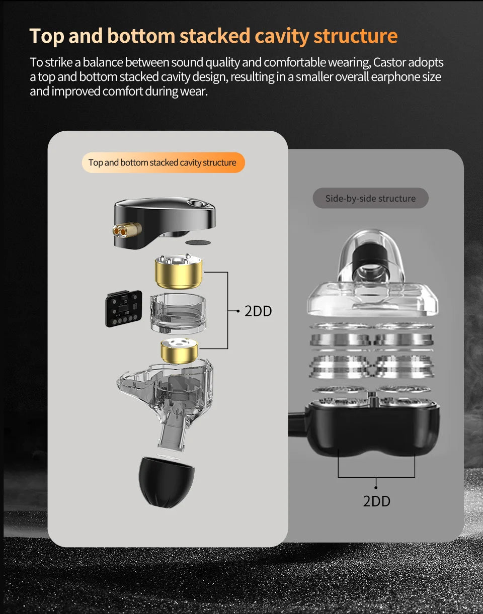 Diagram of earbud design with labeled components on a gray background