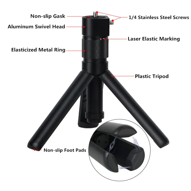 Black tripod with labeled parts on a white background