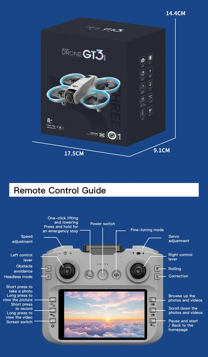 Drone box with dimensions and remote control guide on a blue background