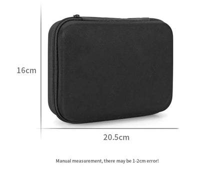 Black zippered pouch with measurements on a white background