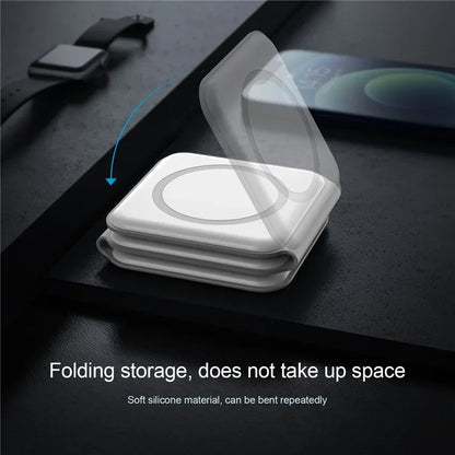Foldable silicone storage case on a dark surface with text indicating folding storage and soft silicone material.